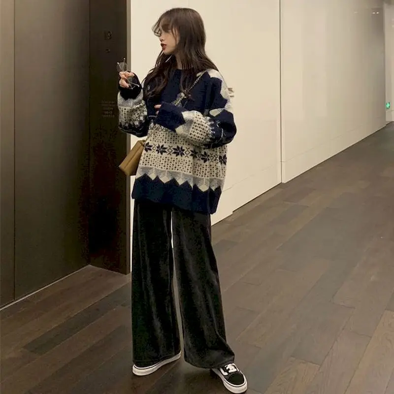 

Knitwear Loose Pullover Couple Wear Autumn Winter Loose Sweater Women Fashion Outer Wear All-match Rhombus plus size Tracksuit