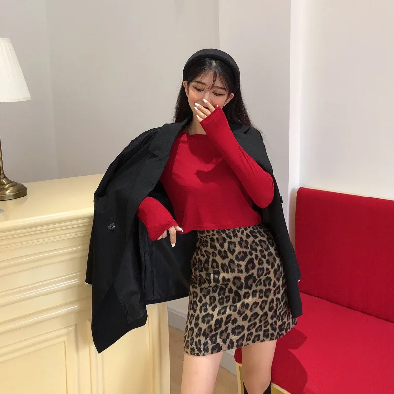 

Hong Kong Flavor Autumn And Winter A- line Skirt Leopord Pattern Brushed Versatile Elegant High-waisted Slimming One-step Skirt