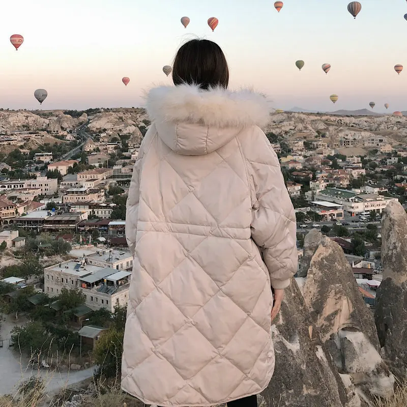 

Winter 2018 New Style Korean-style Hooded Large Fur Collar Mid-length Rhombus down Feather Cotton-padded Clothes Women's BF Brea