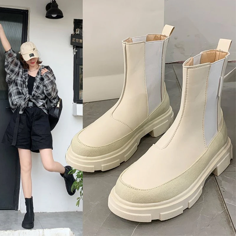 Botas tobilleras de punta redonda para mujer, zapatos de plataforma de mujer, botines bajos de tacón cuadrado a la moda, botines bajos estilo Chelsea, Buty Damskie, 2020