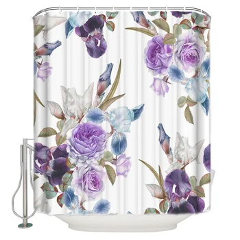 

Rose Flower Purple Iris Flower Cluster Bathroom Shower Curtain With Hook Fittings Bathroom Waterproof Shower Curtain