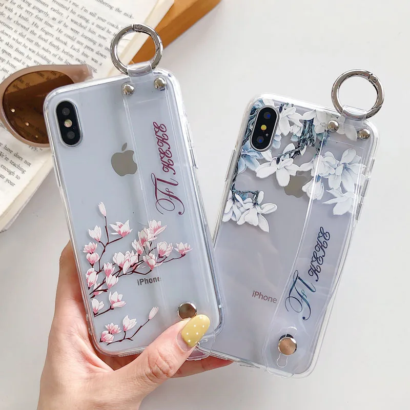 

For iPhone Xs Max Xr X Wrist Strap Case Fashion Flowers Soft Silicone Transparent Phone Back Cover For iPhone 6 6s 7 8 Plus X