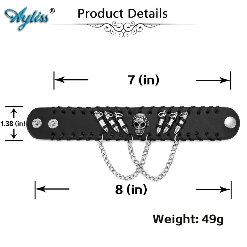 Ayliss мужской черный из искусственной кожи браслет с пулями Регулируемый Череп металлическая цепочка браслет панк байкер рок готический 1 шт. крутой браслет