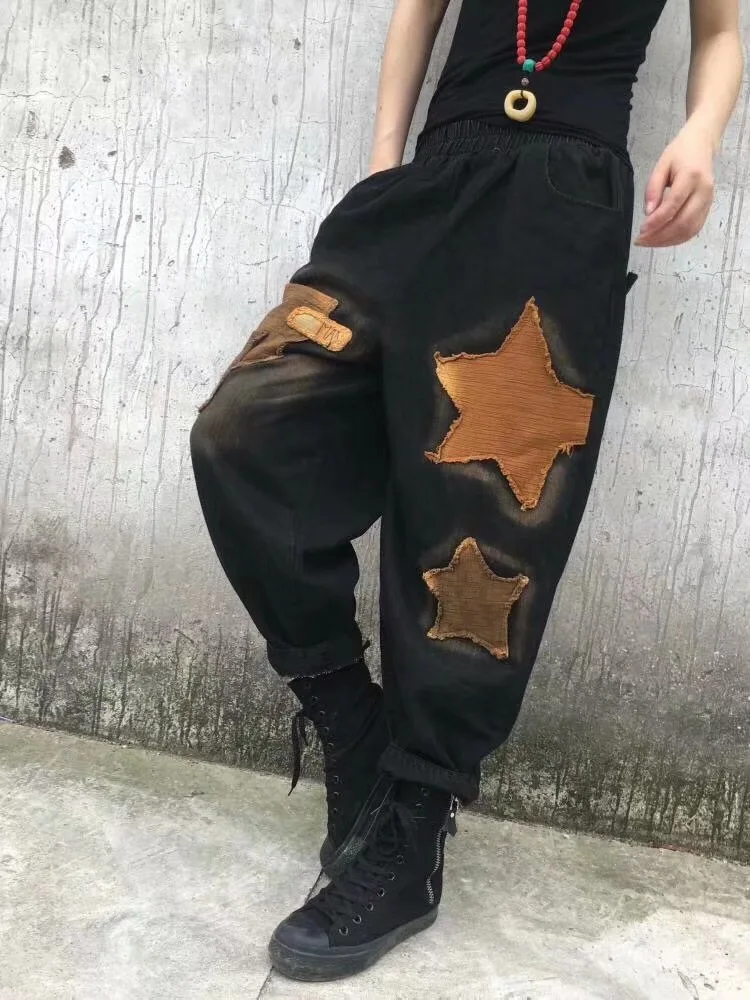New Plus size Jeans Womens Wash Embroidery Ripped denim Trousers Women's fashion zipper Elastic Waist Hole Cowboy Harem Pants