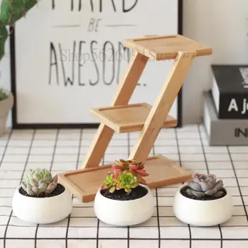 

Meaty Plant Pots White Porcelain Pot Contains Three Ladder Wooden Desktop Balcony Flowerpot Flower Implement More Meat