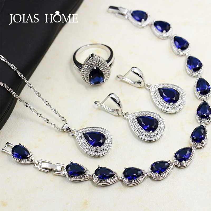 JoiasHome модные 925 пробы серебряные ювелирные изделия набор синие драгоценные камни-сапфиры в форме сердца капли Свадебные аксессуары 4 шт./лот