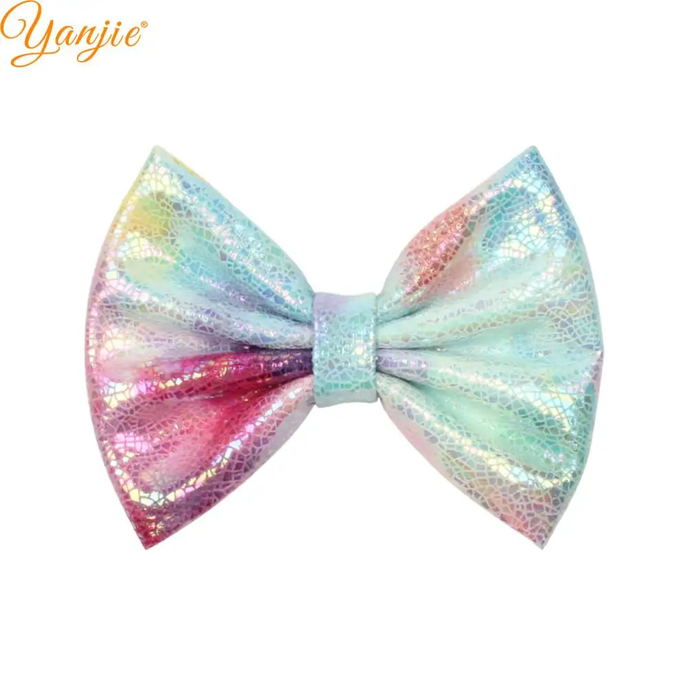 10pcs/lot Classical European 5" Rainbow Glitter Leather Bow Hair Bow Barrette DIY Hair Accessories for Girl Women Hair Clip