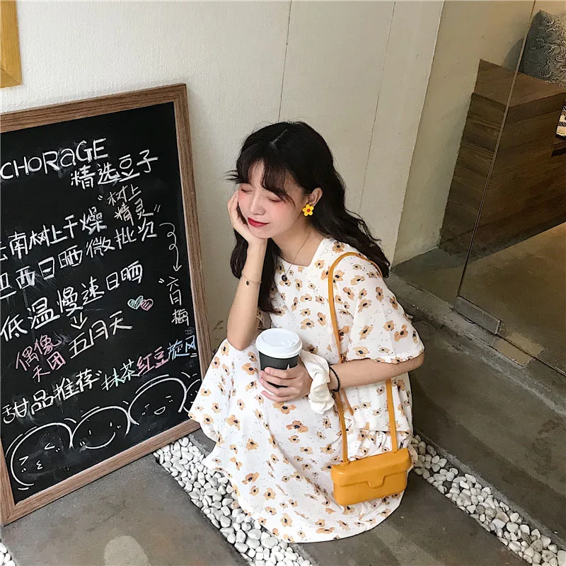 2020 New Summer Women Dress Korean Floral Short Sleeve Square Collar Dresses Bow Bandage Slim Waist Dress Vestidos