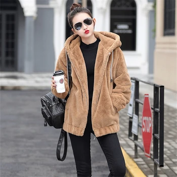 

2020 Winter Faux Rex Rabbit Fur Coat Women Korean Fashion Long Sleeve Plush Thick Hooded Sweatshirt Jacket Loose Ladies Coats