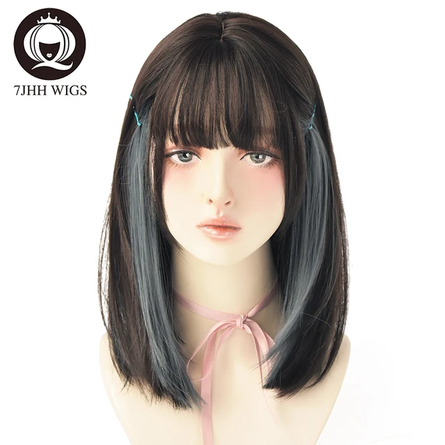 7JHH WIGSTORE 2021 NEW Style Top Black Double Colors Blue Brown Long Straight Hair For Girls Daily Wear Wig Women's Cosplay Hair H6150-3