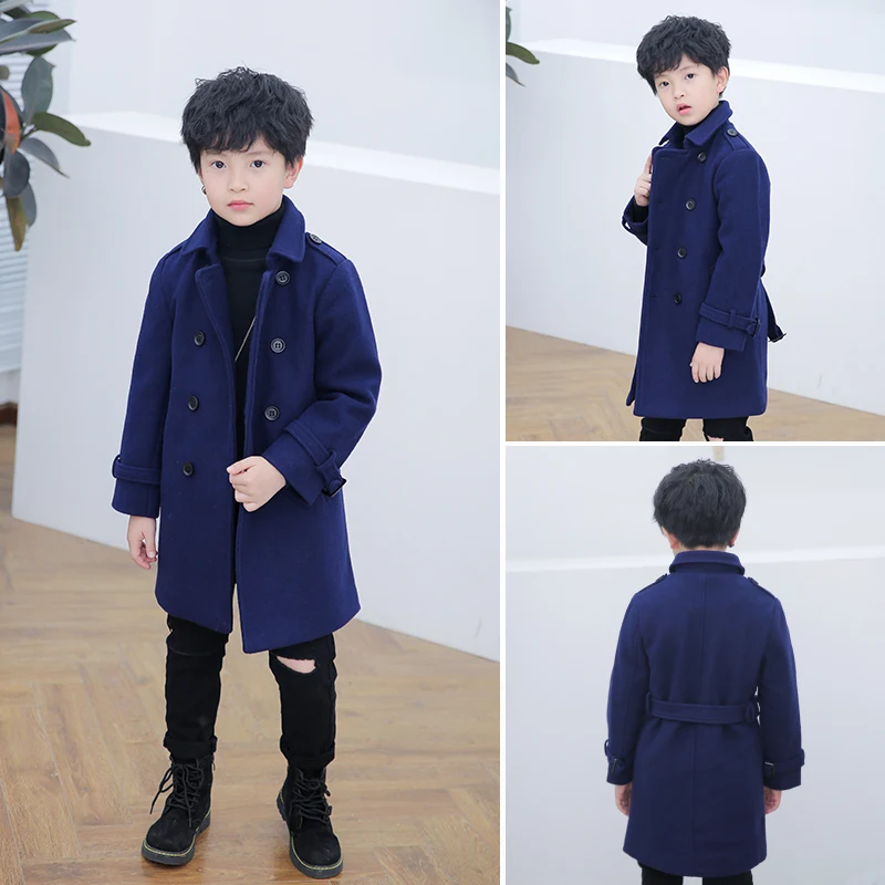 Шерстяное пальто с поясом для мальчиков от 4 до 14 лет, Утепленные зимние куртки официальная детская одежда для детей, пальто