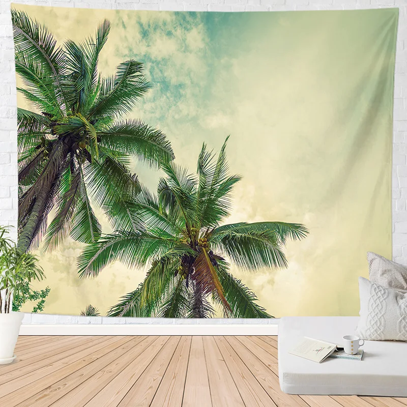 

Sea View Coconut Tree Printing Decorative Tapestry Wall Hanging Boho Beach Scenery Decor Background Wall Fabric Sitting Blanket