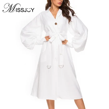 

MISSJOY 2019 Autumn New Arrival Women Dresses Button Casual Long Puff Sleeves High Waist With Pocket Split Female Robe Elegant