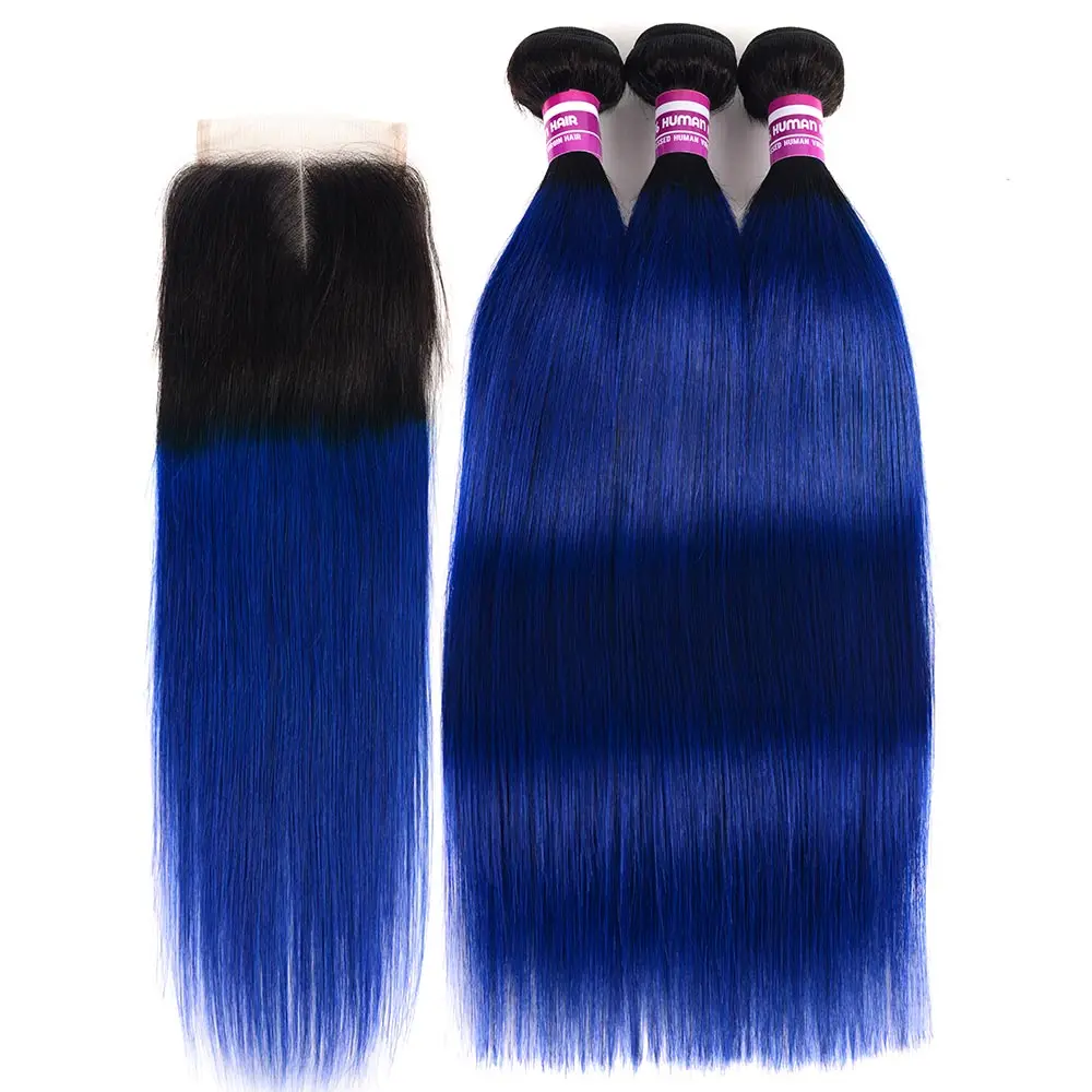 

3/4 Ombre Peruvian Hair T1B Blue Bundles With Closure Remy Human Hair Extension Colored Roots Straight Hair Bundles With Closure