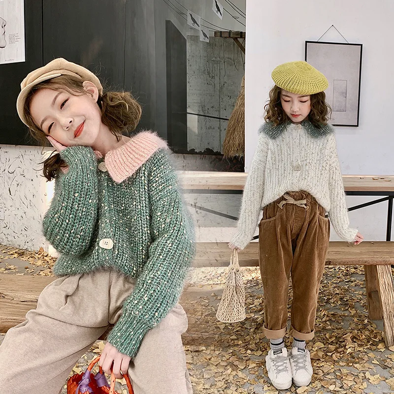 

Girls 2020 Early Spring New Style Big Kid Versatile Contrast Color Ruffled Collar Button down Noise Sweater Q2155-19n773