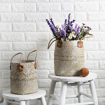 

2Pcs Woven Storage Flower Baskets Straw Woven Flower Baskets Retro Living Room Desktop Decoration Flower Baskets