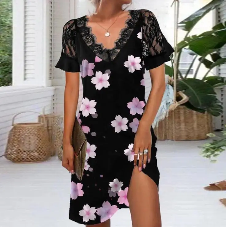 Women 2022 Loose Vintage Fashion Ruffles Befree Dress Large Big Lace Sexy Summer Boho Casual Party Elegant Dresses Plus Sizes long sleeve wedding dresses Dresses