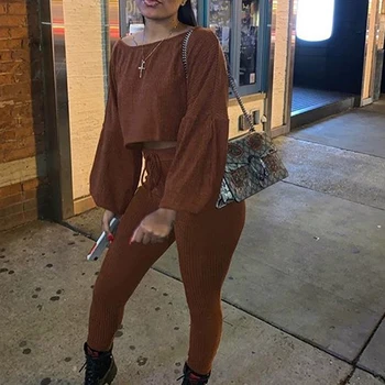 

Solid Lantern Long Sleeve Slash Neck Crop Tops & Drawstring Skinny Pencil Pants Set Casual 2 Piece Outfits for Women