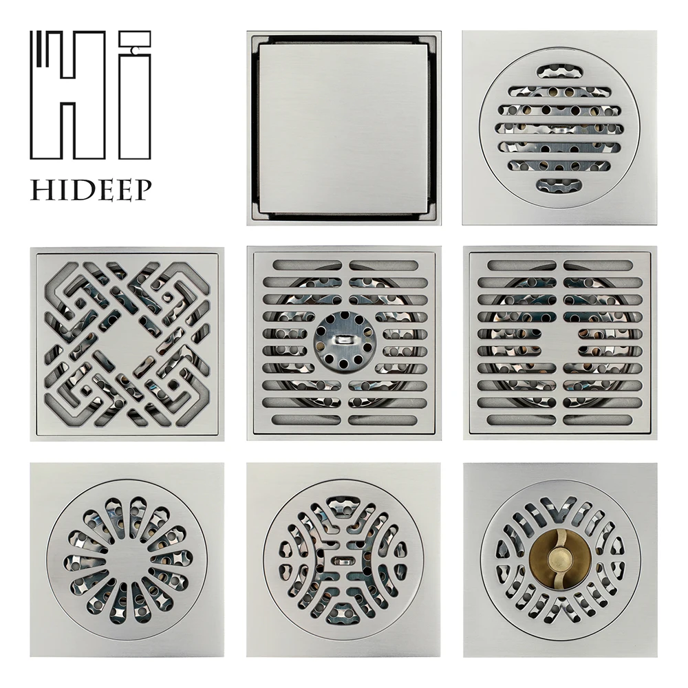 

Brushed Nickel Floor Drain Floor Waste Grates Balcony Toilet Anti-odor Shower Bathroom Hair Strainer 4 Inch Brass Square