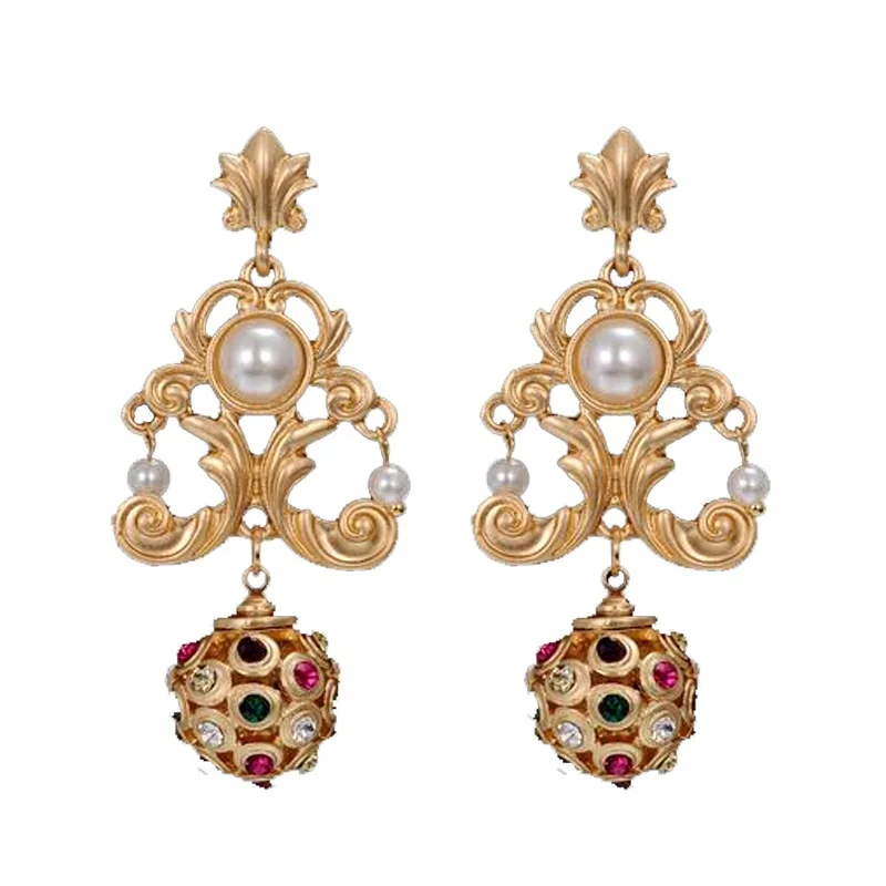 

New Luxury Baroque Vintage Brand Retro Earring Colorful Rhinestone Ball Dangle Gold Statement Earrings bride Party Holiday