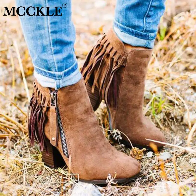 

MCCKLE Women's Ankle Boots Zip Suede Tassel Women Shoes Platform Woman Square Heel Autumn Ladies High Heel Shoe Female Plus Size