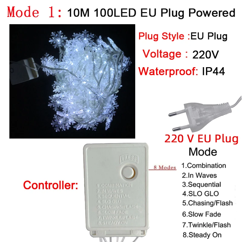 10 м, 100 светодиодный, 220 В, европейская Рождественская гирлянда, снежные хлопья, светодиодный, гирлянда, сказочные огни для вечерние, дома, рождественской елки, свадьбы, сада, украшения