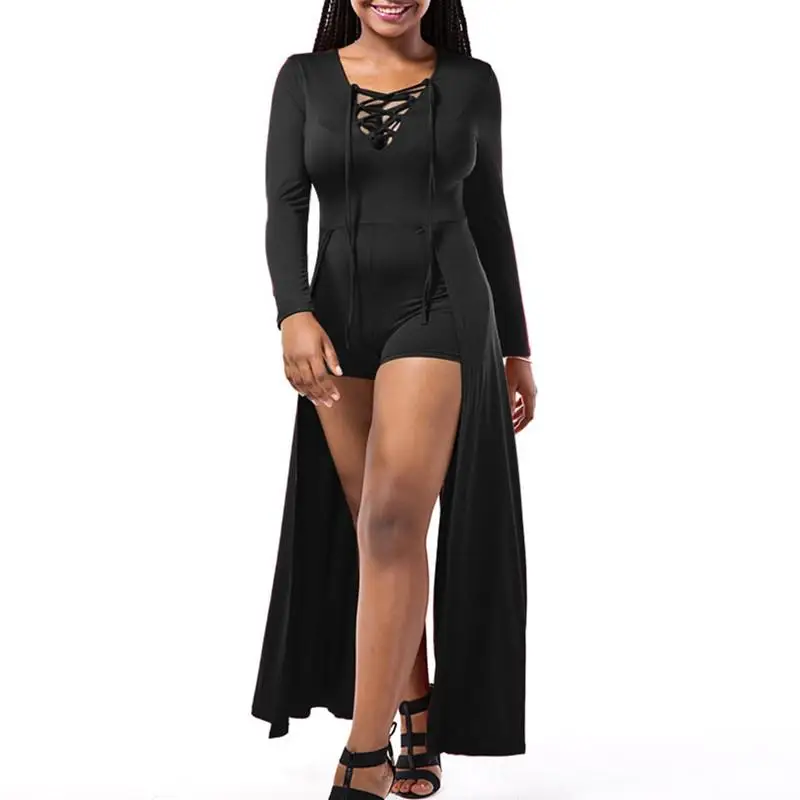 

Nice Black Skinny Sexy Lace Up Romper Women Bodycon Playsuits Streetwear Bodysuit