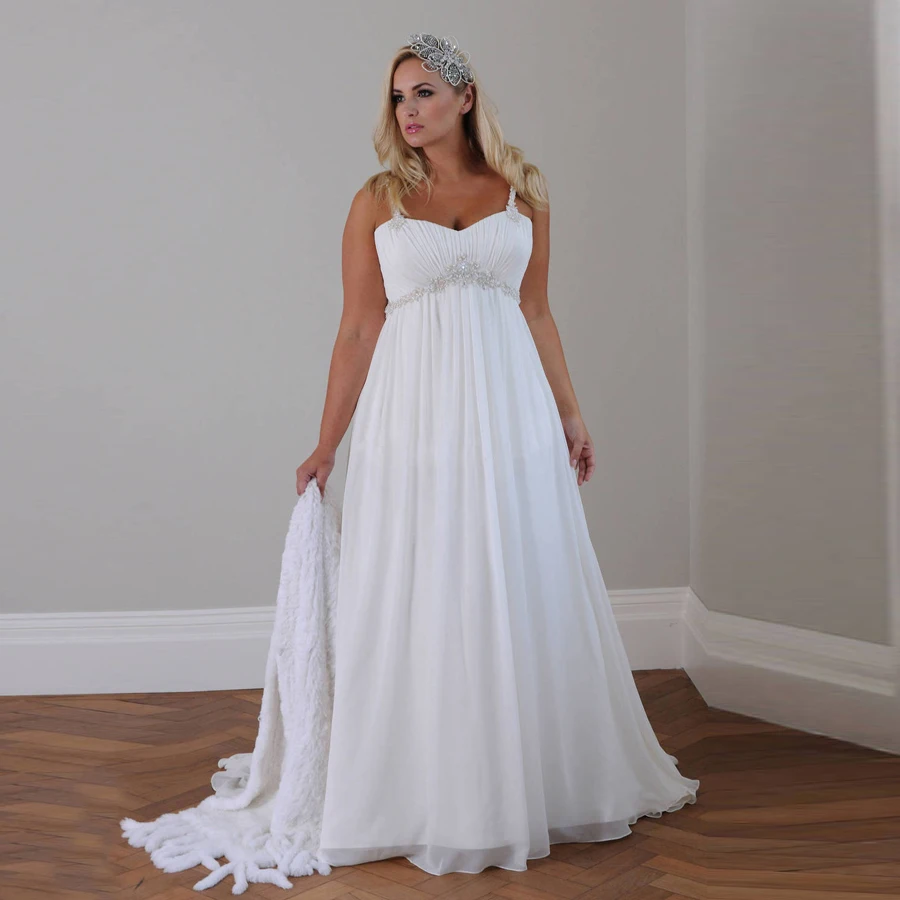 

Plus Size Wedding Dresses Spaghetti Straps Beading Lace Appliques Chiffon A Line Beach Wedding Dress Sexy Women Bridal Gown