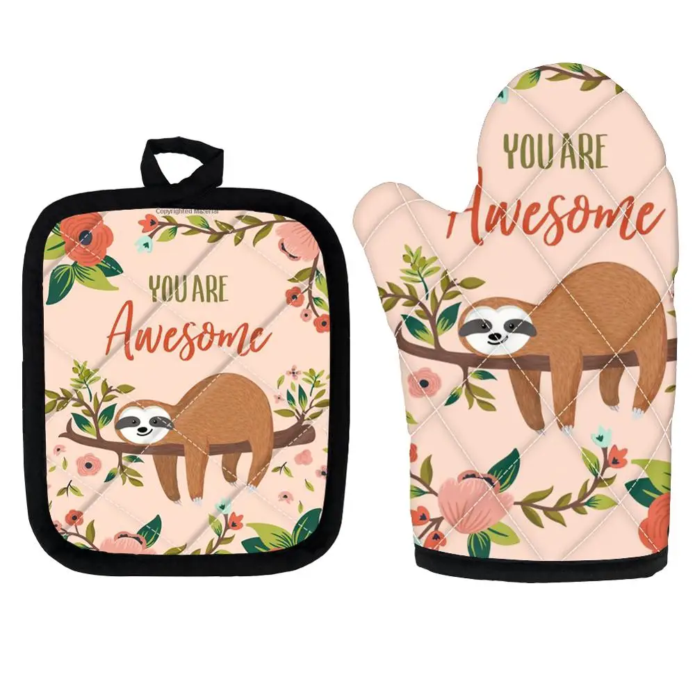 

Cooking Oven Gloves for Microwave BBQ Grilling Cute Cartoon Sloth Pattern Resistant Hot Pads Machine Washable Oven Mitts Ant-hot