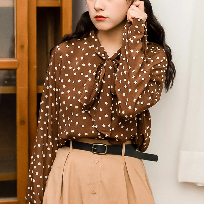 

COIGARSAM Casual Polka Dot blouse women New Spring Full Sleeve Chiffon Loose blusas womens tops and blouses Khaki Black 8020