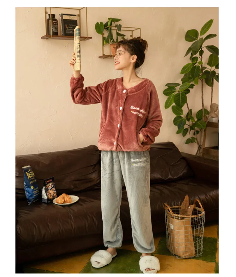 JULY'S SONG Women Pajama Sets Flannel Winter Pajamas Long Sleeve Full Trousers Simple Casual Warm Flannel Thick Homewear Suit