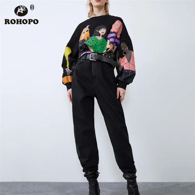 ROHOPO Puff с длинным рукавом женская черная толстовка принтом круглый воротник
