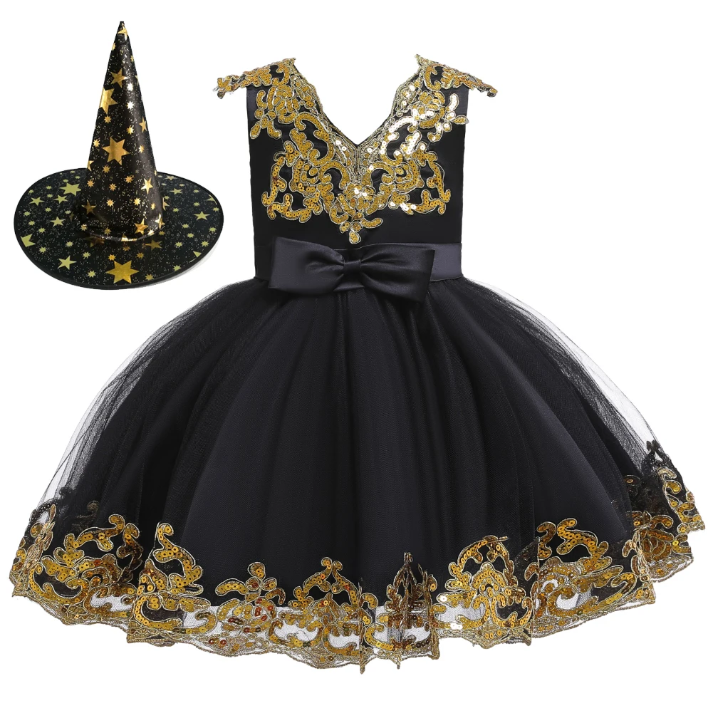 

Formal dress New Fashion Children Halloween Princess Dress Mesh Yarn Bow Tutu Dress Sequined Lace V-neck Girls Dress 0-11T