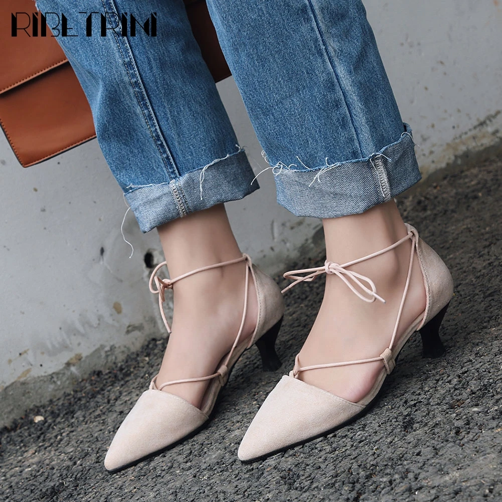 

RIBETRINI Elegant Lady Pointed Toe Cross Tied Low Heel Flock Shoes Woman Spring Pumps Women Party Casual Office Wedding Pumps