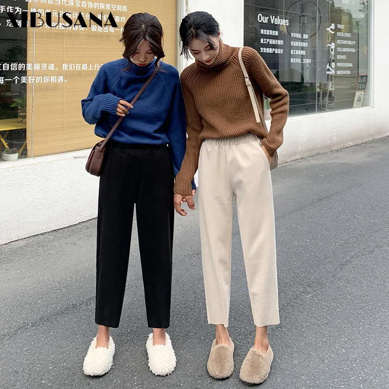 

XIBUSANA 2020 Autumn New Elastic High Waist Woolen Harem Pants Women Solid Loose Straight Wide Leg Ankle Length Pants Femme