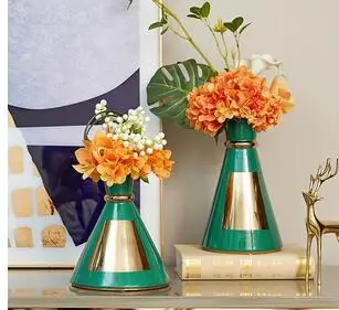 

NORDIC CREATIVE CERAMICS GOLD VASE DECORATIVE ORNAMENTS FLOWER ARRANGEMENT GREEN FUNNEL SHAPE MODERN HOME DECORATION WEDDING
