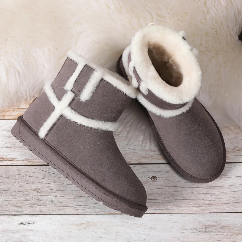 

Cow Leather Wool Women's Snow Boots Female Short Winter Thick Warm Non-slip Flat Bottom Wild Snow Cotton Boots Women's Shoes