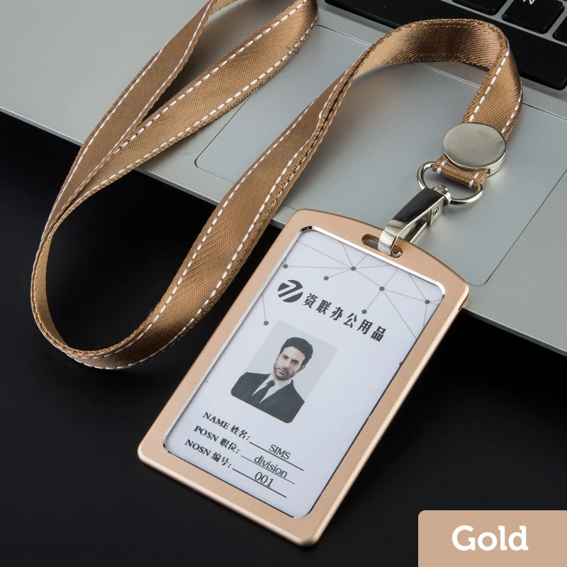 Gold set Высококачественный металлический держатель для карт, имя работника, Обложка для ID карты, металлический рабочий сертификат, удостоверение личности, значок, ID, деловой чехол - Цвет: Gold set