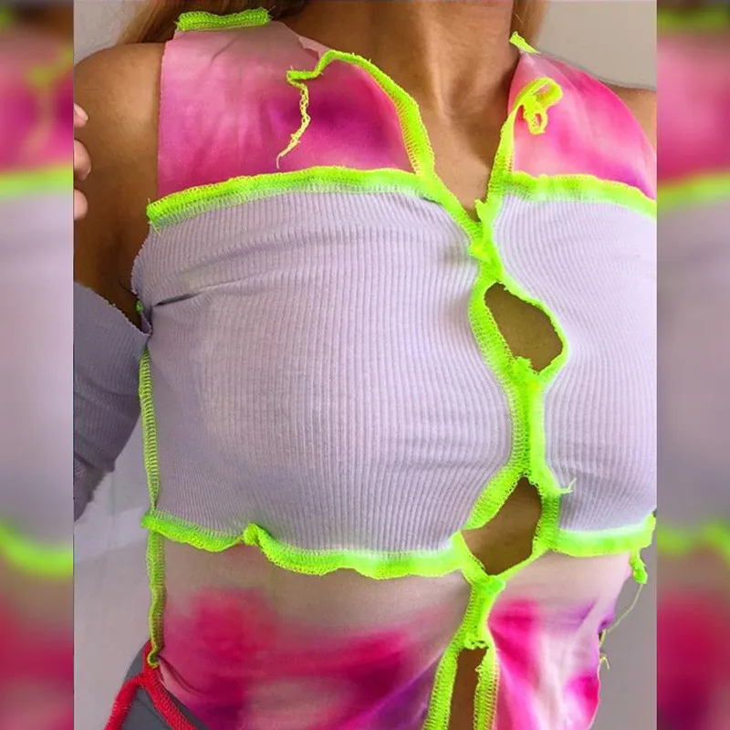 Reverse Design Long-sleeved Tie-dye Hollow Top For Women Thin V-neck Slim Short T-shirt High Street Hip-hop Street Wear