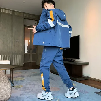 

Autumn Hiphop Men's Sets Casual Sport Spring Patchwork Sportwear Men Coat Pants 2 Piece Streetwear Ropa Hombre Men's Clothing BE