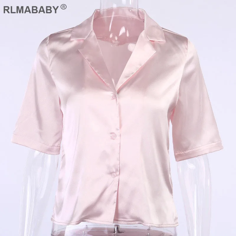 Solid Notched Collar Silk Satin Blouse Elegant Soft Short Sleeve Button Summer Women Tops 2020 Office Lady Fashion Pink Blouse