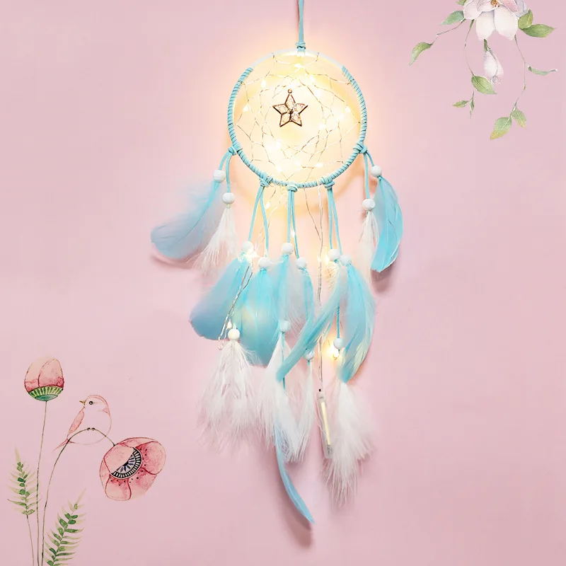 HOT DIY Feather Crafts Handmade LED Light Decorative Dream Catcher Warm Girls Lace Wall Hanging Room Bell | Дом и сад