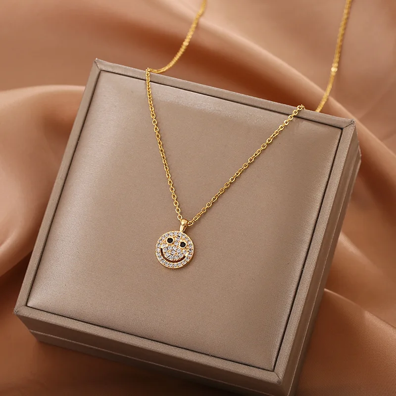 Gold plated Smile Face necklace for women 2020 New Fashion Jewelry Rhinestore Pendant Cute Necklace Luxury Style European Korea