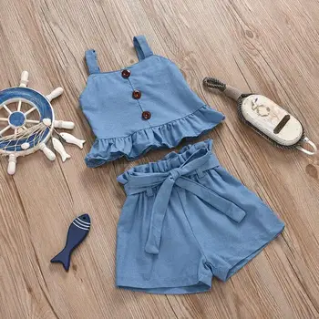 

HIPAC Baby Girl Toddler Clothing Sets Summer New Arrivals Denim Sling Top Ruffle Sleeveless Vest Bow Waistband Shorts Outfit Set