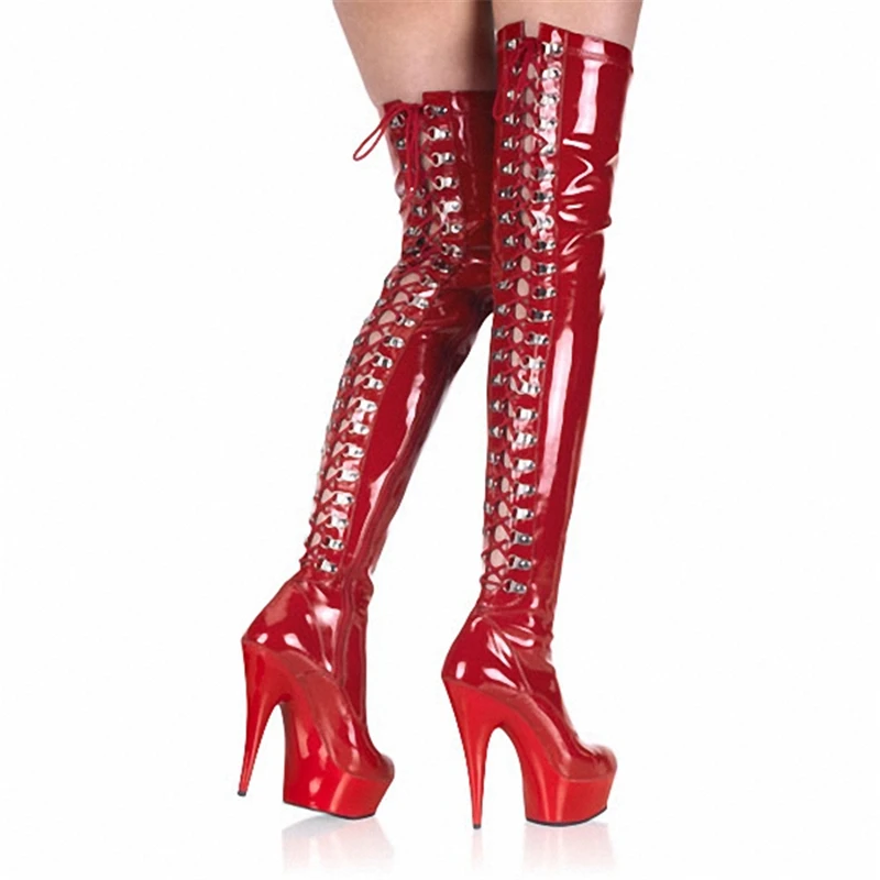 Фетиш-сапоги на платформе; женские сапоги до колена из лакированной кожи на высоком каблуке 15 см; пикантные вечерние туфли для танцев; обувь для танцев на шесте - Цвет: Красный