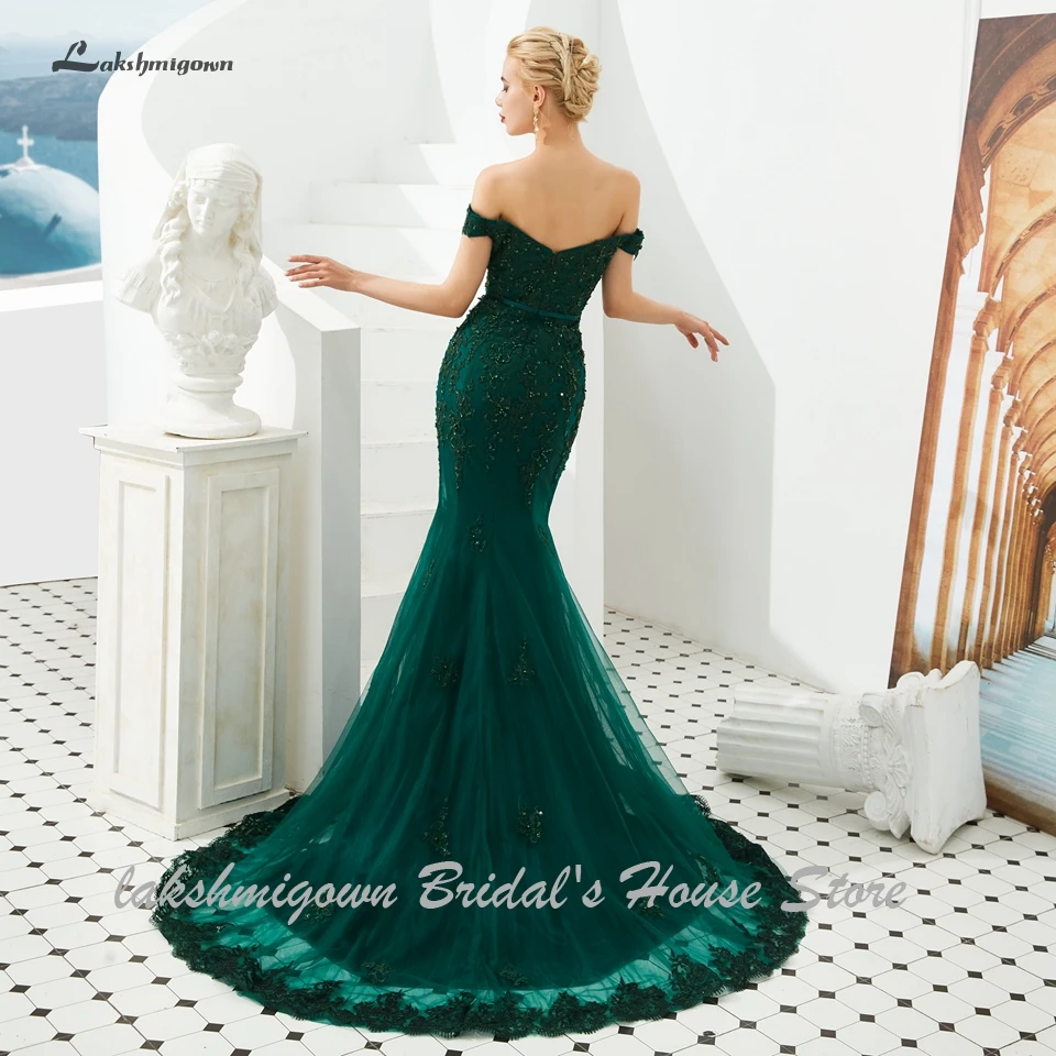 Lakshmigown изумрудная зеленая Русалка вечернее платье для женщин Vestito Lungo сексуальное Бисероплетение Длинные Выпускные вечерние платья, аппликации из кружева