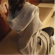 Фильм-Южная Корея Досуг лангид ленивый Свободная Женская коллекция Большие размеры вязаный кардиган свитер длинная куртка с капюшоном