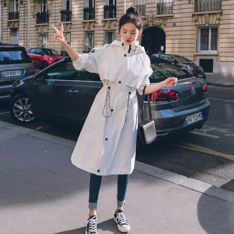 

Photo Shoot INS Korean Style Elegant Drawstring Waist Hugging Hooded Trench Coat Women's Slim Fit Slimming Big Hemline White Jac