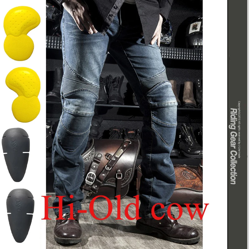 Hi-Old cow Blue AH Мотоциклетные джинсы, Pantalones Motocicleta Hombre, джинсы с перьями, стандартная версия, брюки для езды на автомобиле, мужские мотоциклетные штаны - Цвет: Hi-Old cow Blue AH