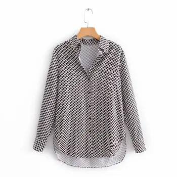 

women vintage houndstooth plaid print casual business blouse office lady turn down collar pocket shirts femininas tops LS4356